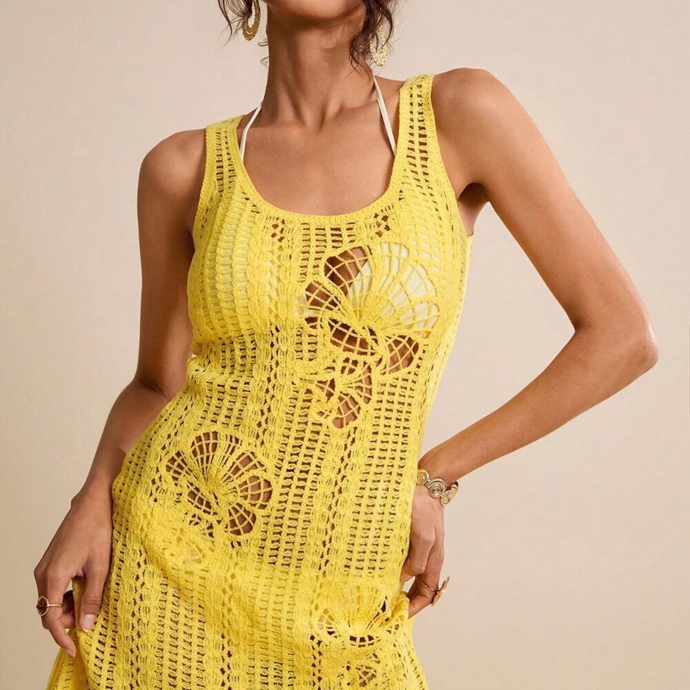 Yellow Sexy Crochet Slip Women's Round Neck Sleeveless Dress